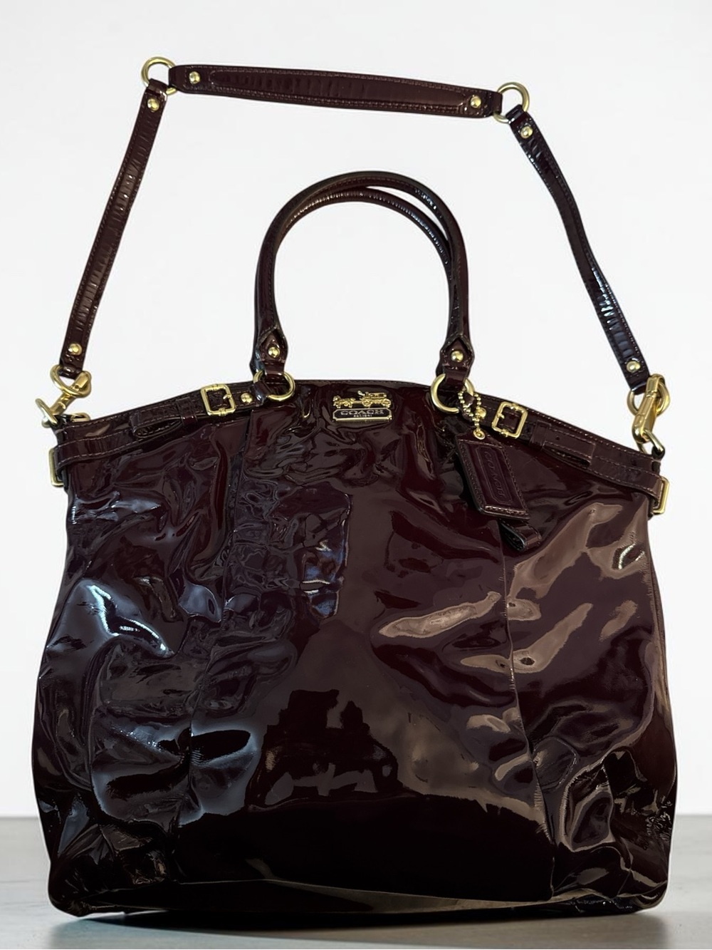 Coach Soho Buckle Plum Burgundy Crinkle Patent Leather Large Tote Bag